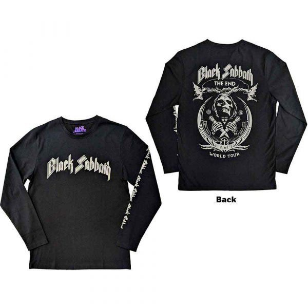 Black Sabbath Unisex Long Sleeve T-Shirt: The End Mushroom Cloud (Black) (Back & Sleeve Print)
