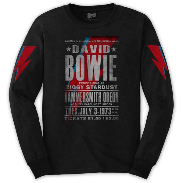 David Bowie Unisex Long Sleeve T-Shirt: Hammersmith Odeon (Black) (Sleeve Print)