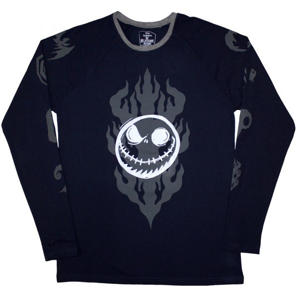 The Nightmare Before Christmas Unisex Long Sleeve T-Shirt: Flaming Jack (Navy Blue) (Embellished)