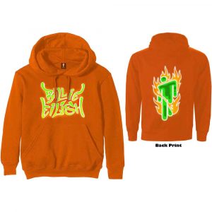 Billie Eilish Unisex Pullover Hoodie: Airbrush Flames Blohsh (Orange) (Back Print) (Medium)