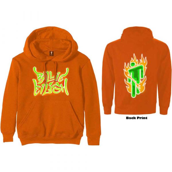 Billie Eilish Unisex Pullover Hoodie: Airbrush Flames Blohsh (Orange) (Back Print) (Medium)