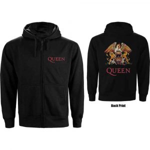 Queen Ladies Zipped Hoodie: Classic Crest (Black) (Back Print) (Medium)