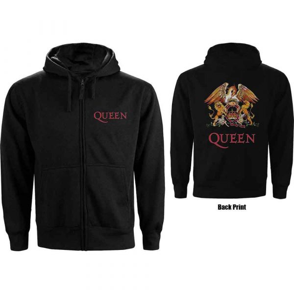 Queen Ladies Zipped Hoodie: Classic Crest (Black) (Back Print) (Medium)