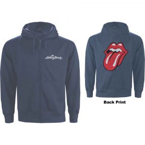 The Rolling Stones Unisex Zipped Hoodie: Classic Tongue (Petrol Blue) (Back Print) (Large)