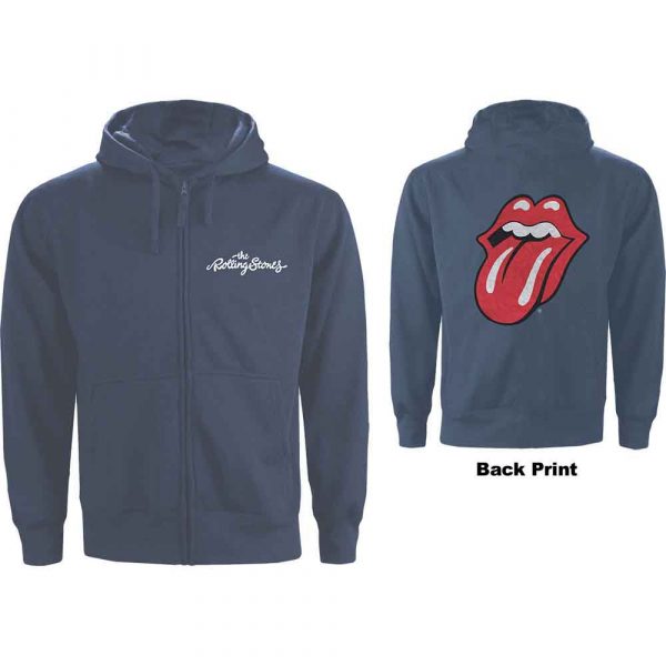 The Rolling Stones Unisex Zipped Hoodie: Classic Tongue (Petrol Blue) (Back Print) (Large)