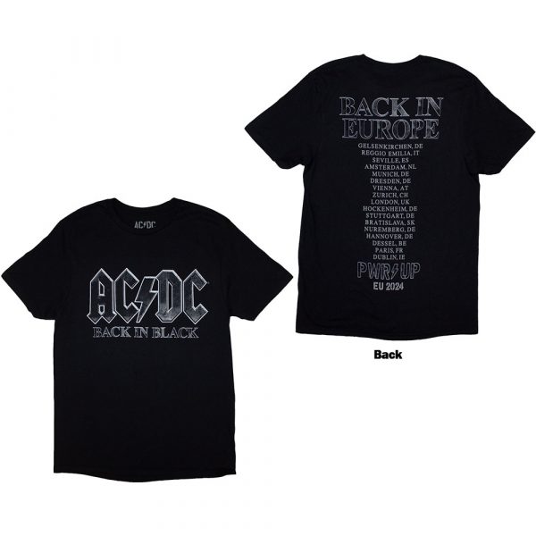 AC/DC Unisex T-Shirt: Back In Black PWR-UP EU Tour '24 (Black) (Back Print & Ex-Tour) (Small)