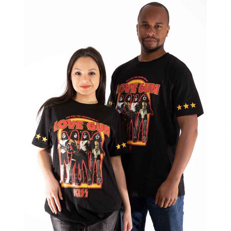 KISS Unisex T-Shirt: Love Gun Stars (Black) (Sleeve Print) (Medium)