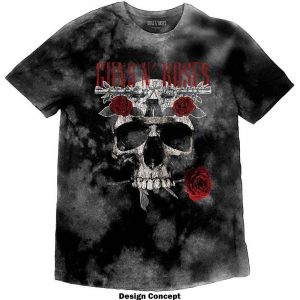 Guns N' Roses Unisex T-Shirt: Flower Skull (Dip-Dye On Grey) (Wash Collection) (Large)