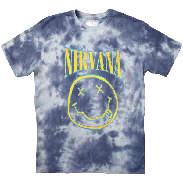 Nirvana Unisex T-Shirt: Happy Face Blue Stroke (Blue) (Wash Collection) (Large)