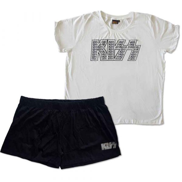 KISS Ladies Summer Pyjamas: Logo Infill (White & Black) (Ex-Tour)